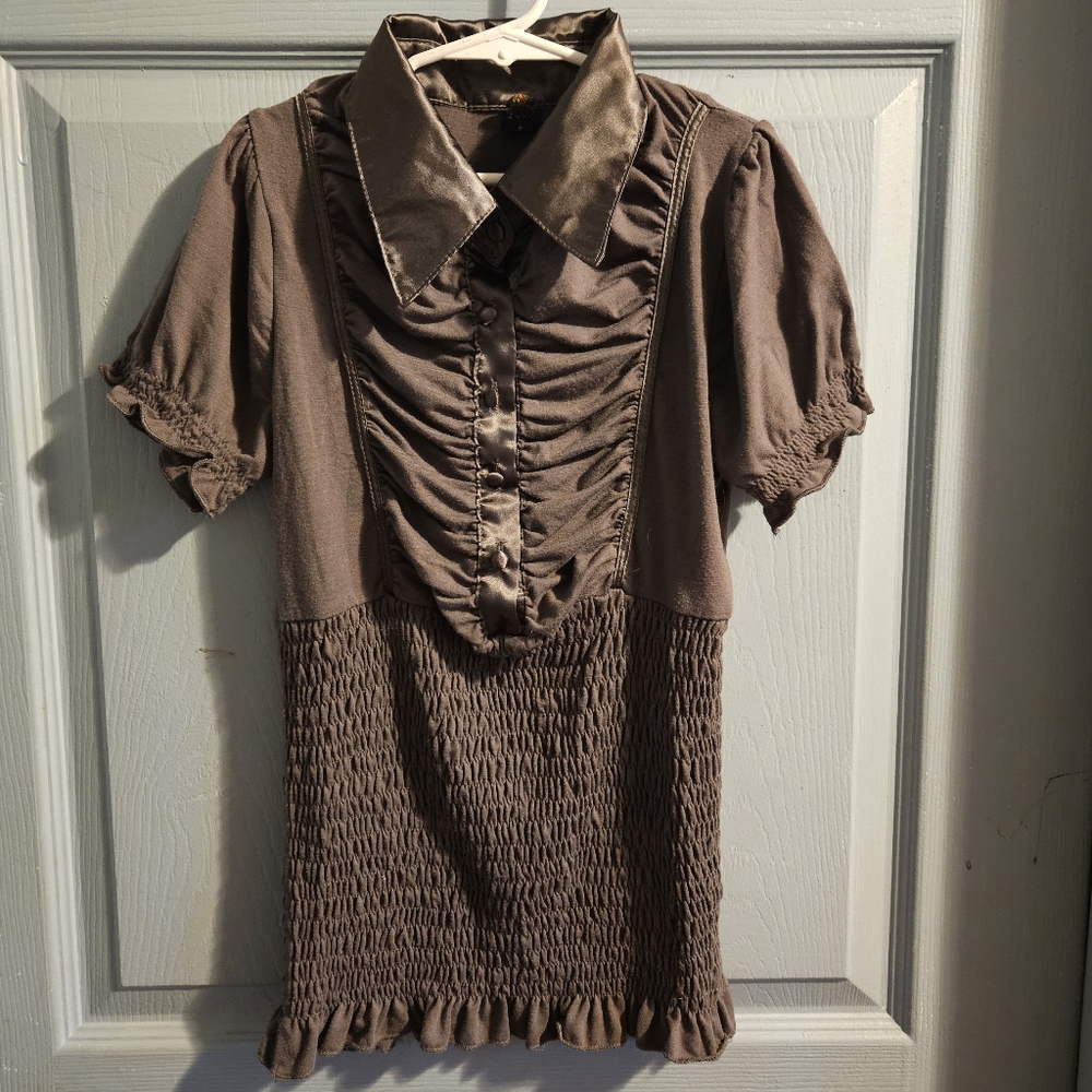 Poof! S/S Half Button Up Blouse